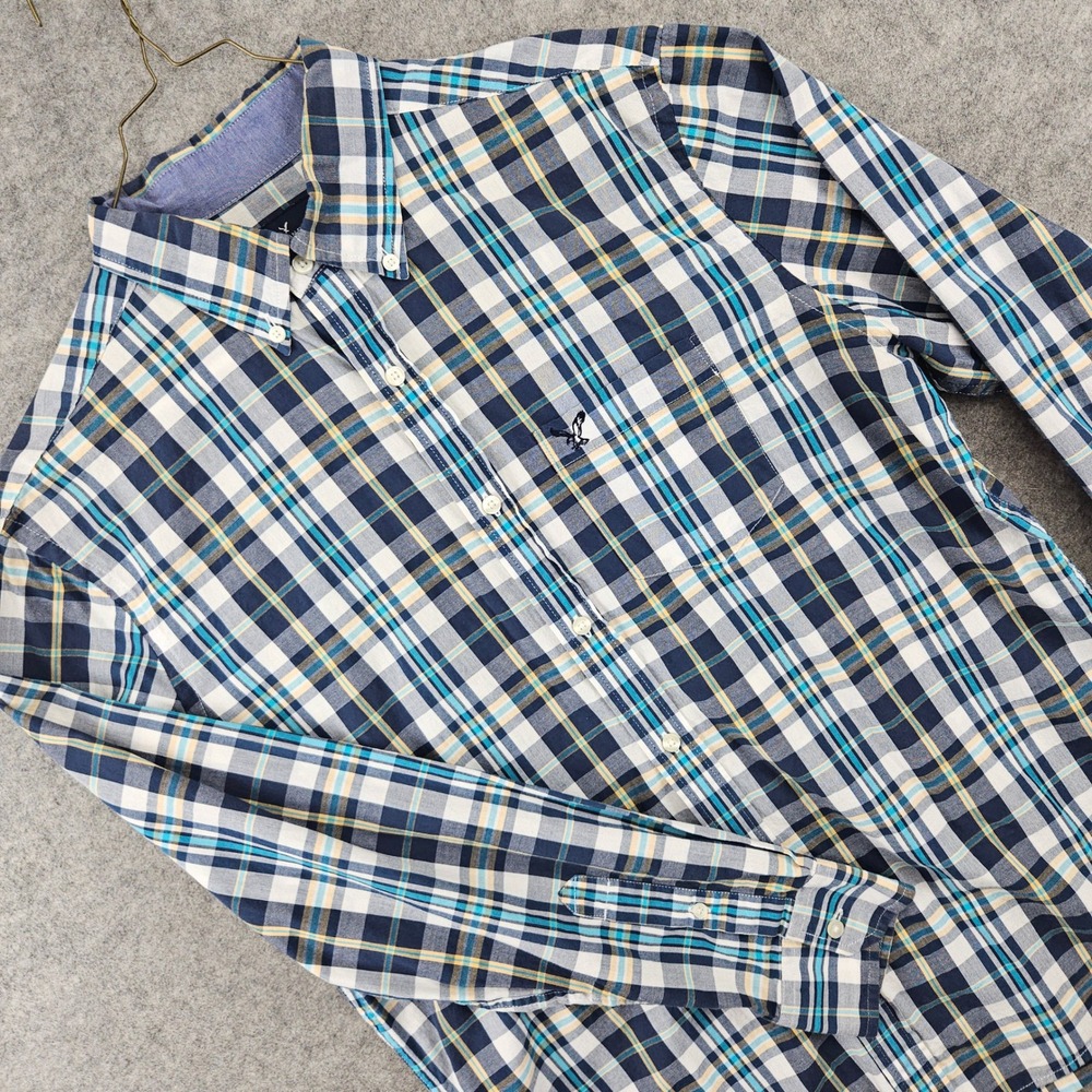 American Eagle Plaid Button Down Shirt Men's Medium Blue Classic Fit Cotton Prep